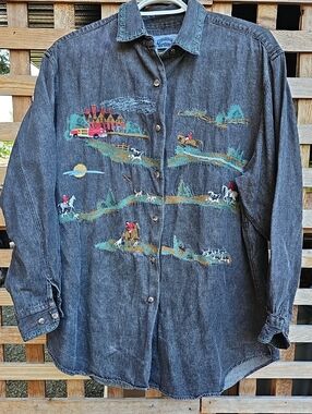 Cambridge Dry Goods Charcoal Denim Button-Down Shirt with Multicolor Embroidery